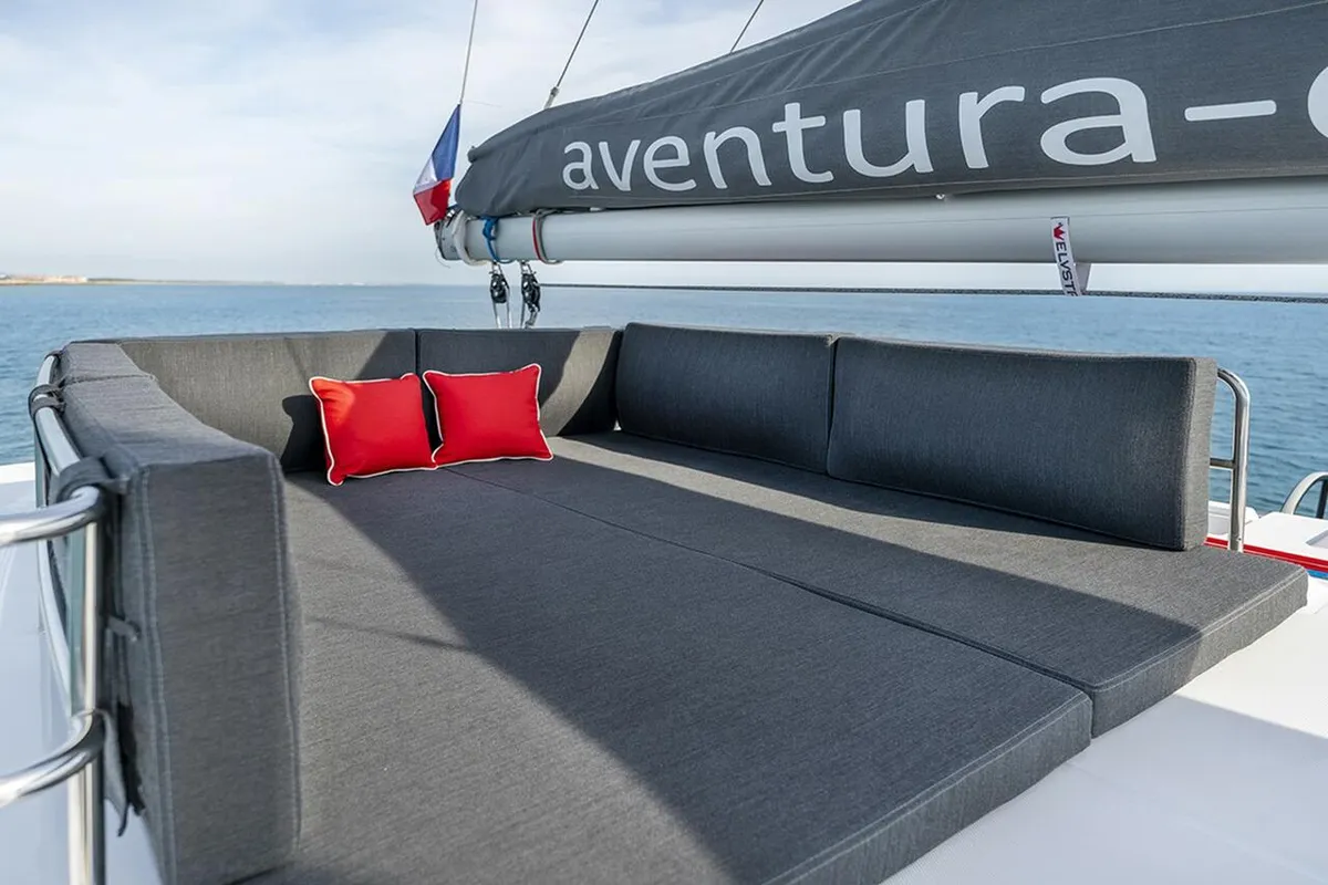 Deck of Hakuna, a Aventura 37 catamaran at Sant Antoni de Portmany, Spain