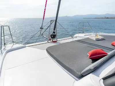 Deck of Hakuna, a Aventura 37 catamaran at Sant Antoni de Portmany, Spain