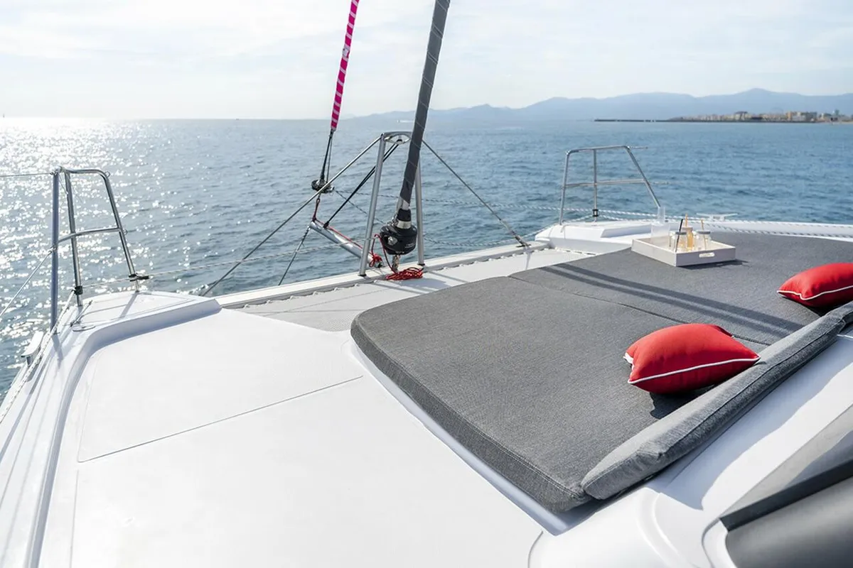 Deck of Hakuna, a Aventura 37 catamaran at Sant Antoni de Portmany, Spain