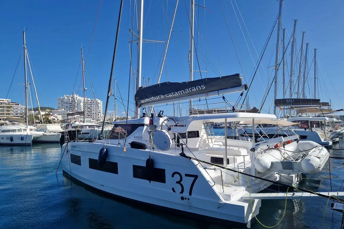 Exterior view of Hakuna, a Aventura 37 catamaran at Sant Antoni de Portmany, Spain