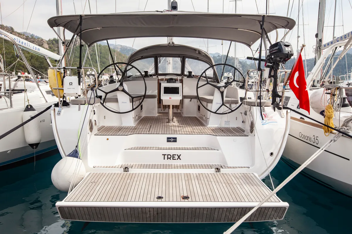 Deck of Trex, a Bavaria Cruiser 46 sailboat at Marmaris, Turkey