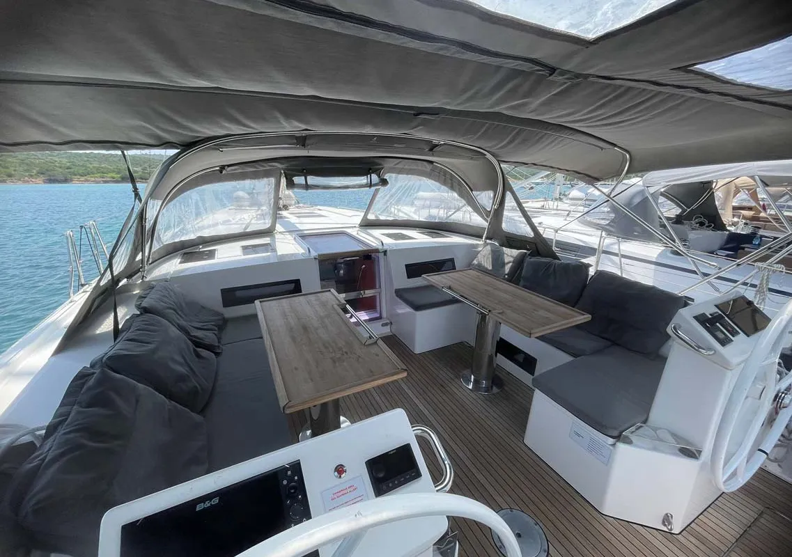 Cockpit of Insomnia, a Bavaria C50 Holiday sailboat at Figari/Golfo Aranci, Italy