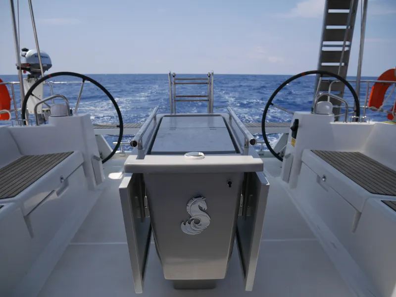 Cockpit of Allegria, a Beneteau Oceanis 45 sailboat at Municipal Unit of Lefkada, Greece