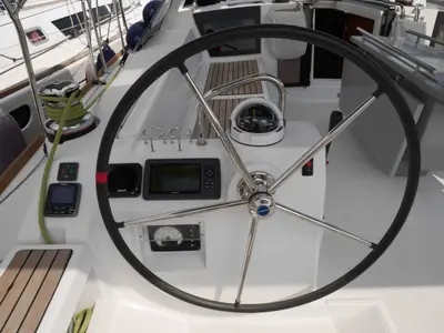 Cockpit of Allegria, a Beneteau Oceanis 45 sailboat at Municipal Unit of Lefkada, Greece