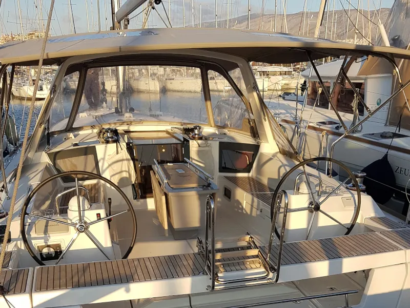 Cockpit of Allegria, a Beneteau Oceanis 45 sailboat at Municipal Unit of Lefkada, Greece