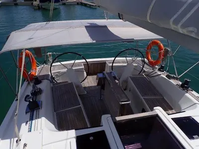 Cockpit of Iyarada, a Hanse 385 sailboat at Mai Khao, Thailand