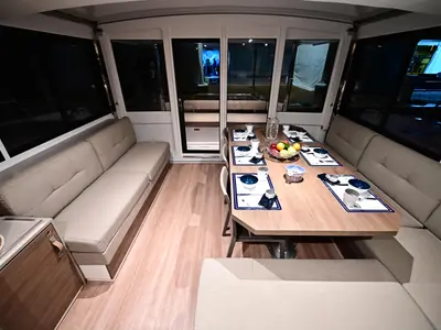 Salon of Arche VI, a Bali 4.6 catamaran at Salerno, Italy
