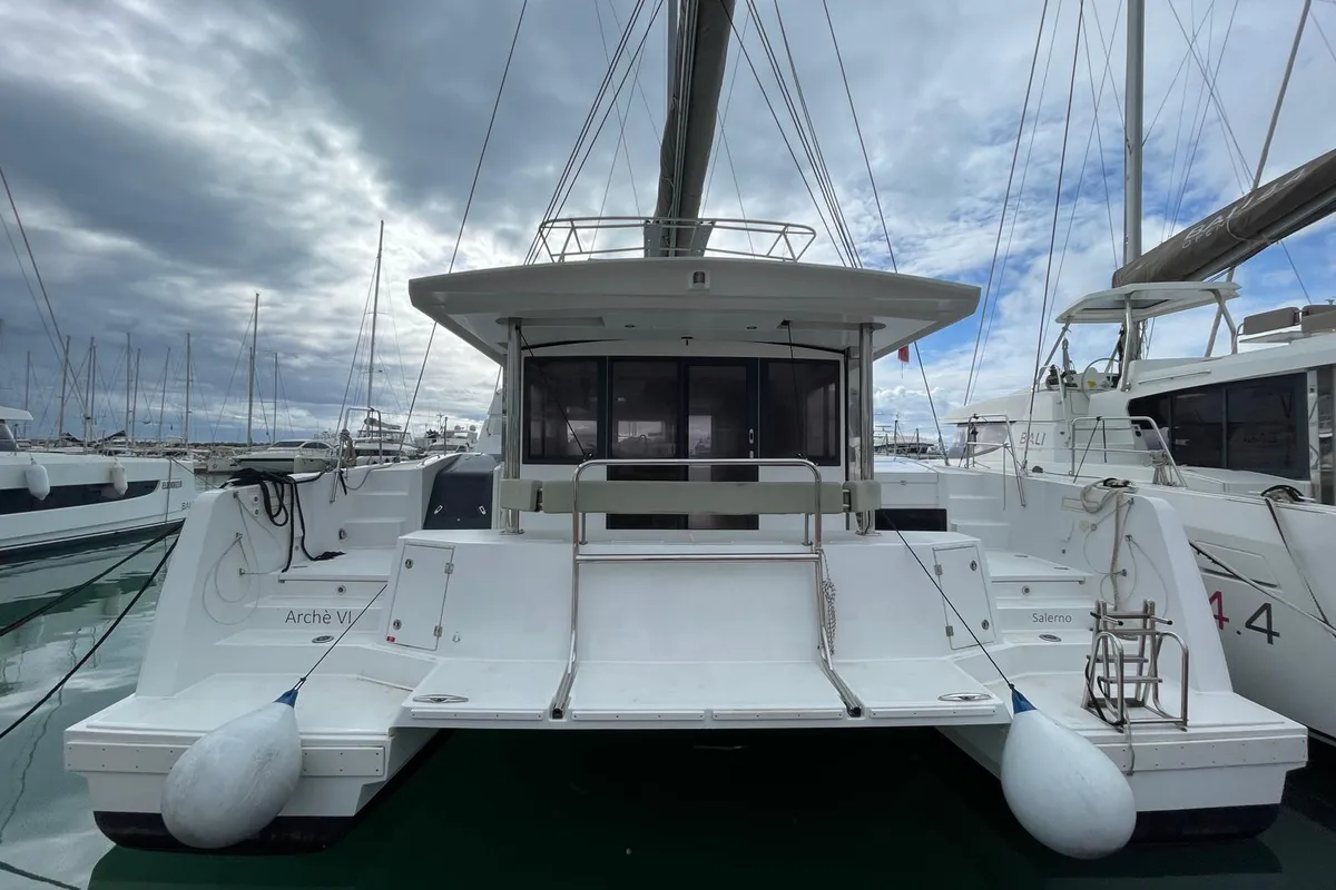 Exterior view of Arche VI, a Bali 4.6 catamaran at Salerno, Italy