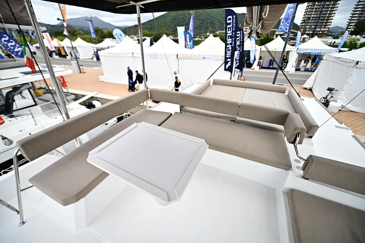 Deck of Arche VI, a Bali 4.6 catamaran at Salerno, Italy