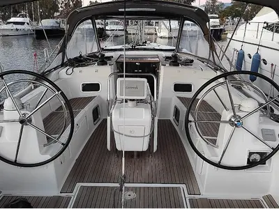 Cockpit of Joy, a Beneteau Oceanis 48 sailboat at Municipal Unit of Lefkada, Greece
