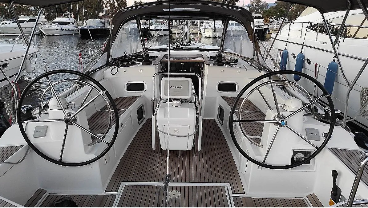 Cockpit of Joy, a Beneteau Oceanis 48 sailboat at Municipal Unit of Lefkada, Greece