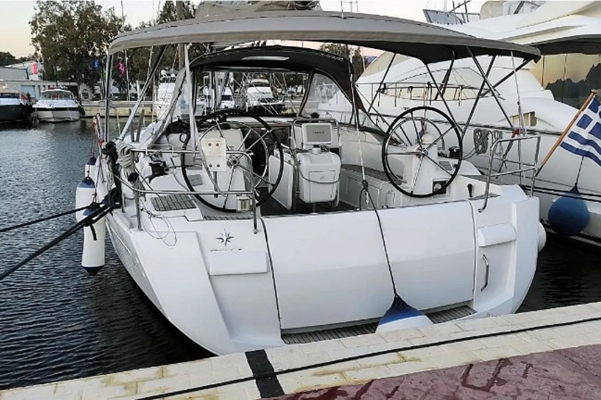 Exterior view of Joy, a Beneteau Oceanis 48 sailboat at Municipal Unit of Lefkada, Greece