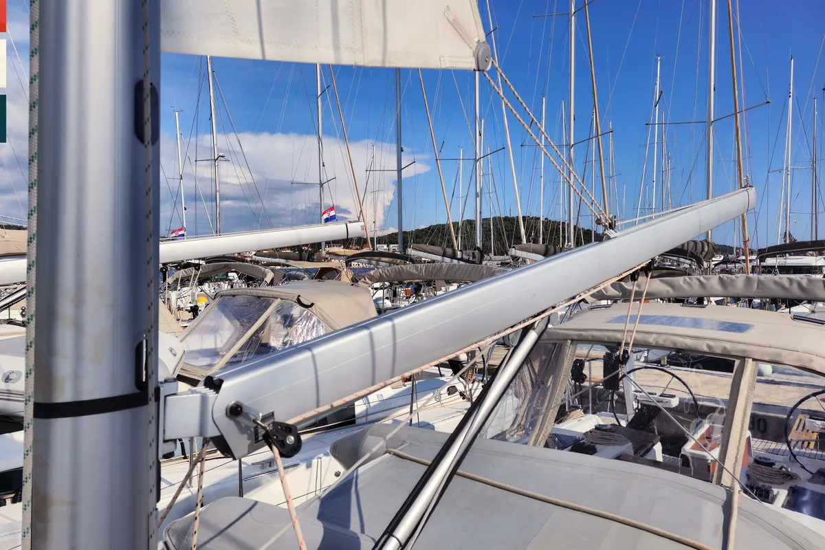 Deck of Layla, a Dufour 360 GL sailboat at Rogoznica, Croatia