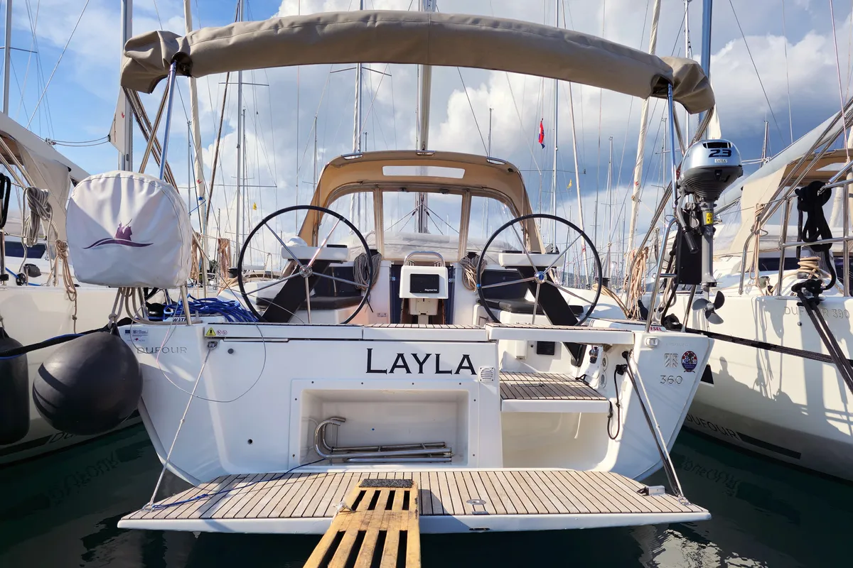 Exterior view of Layla, a Dufour 360 GL sailboat at Rogoznica, Croatia
