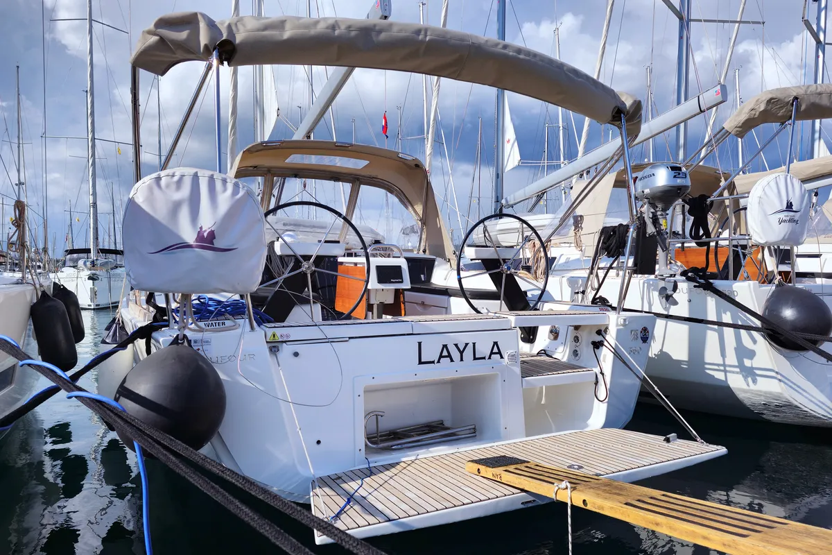 Exterior view of Layla, a Dufour 360 GL sailboat at Rogoznica, Croatia