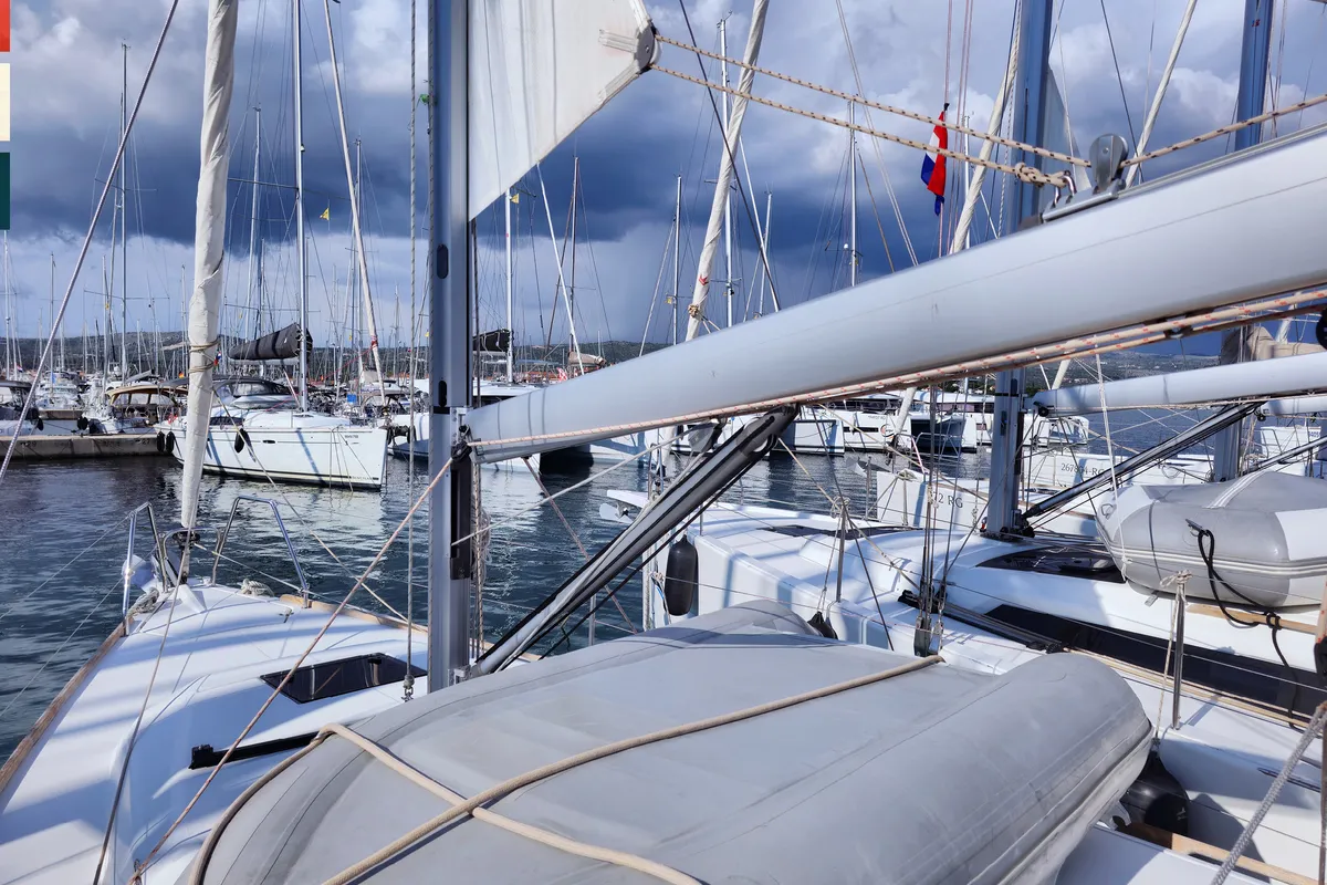 Deck of Layla, a Dufour 360 GL sailboat at Rogoznica, Croatia