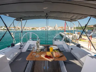 Cockpit of Cesar, a Elan E4 sailboat at Betina, Croatia
