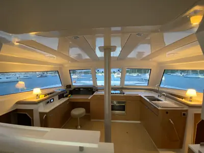 Cockpit of Mosta, a Bali Catspace catamaran at Alameda, United States