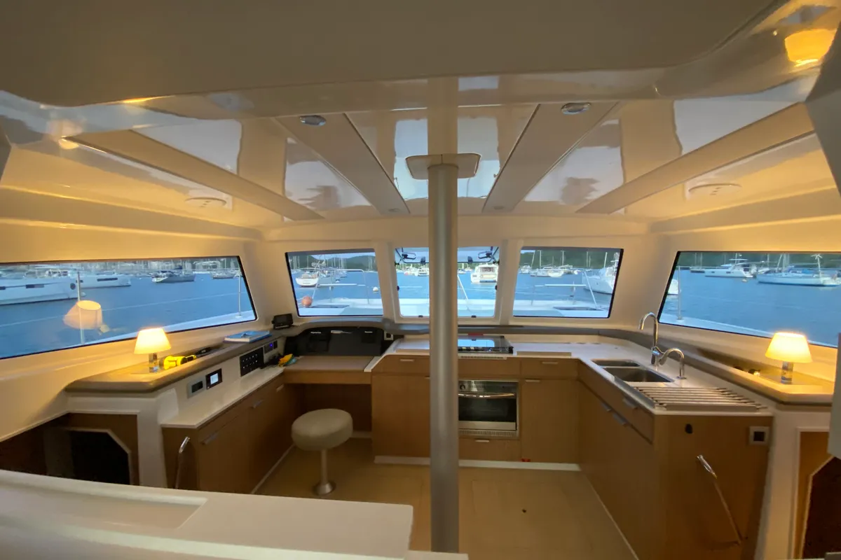 Cockpit of Mosta, a Bali Catspace catamaran at Alameda, United States