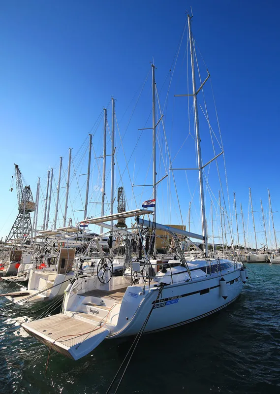Exterior view of Kneginja, a Bavaria Cruiser 46 sailboat at Grad Biograd na Moru, Croatia