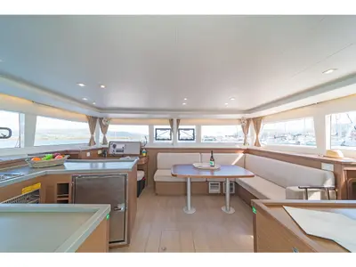 Salon of Kon-Tiki, a Lagoon 450 Fly catamaran at Preveza, Greece