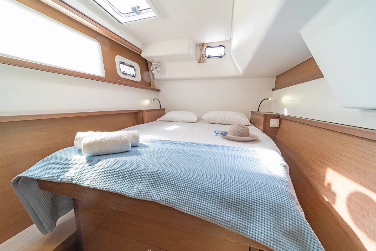 Cabin on Kon-Tiki, a Lagoon 450 Fly catamaran at Preveza, Greece