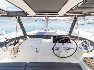 Cockpit of Kon-Tiki, a Lagoon 450 Fly catamaran at Preveza, Greece