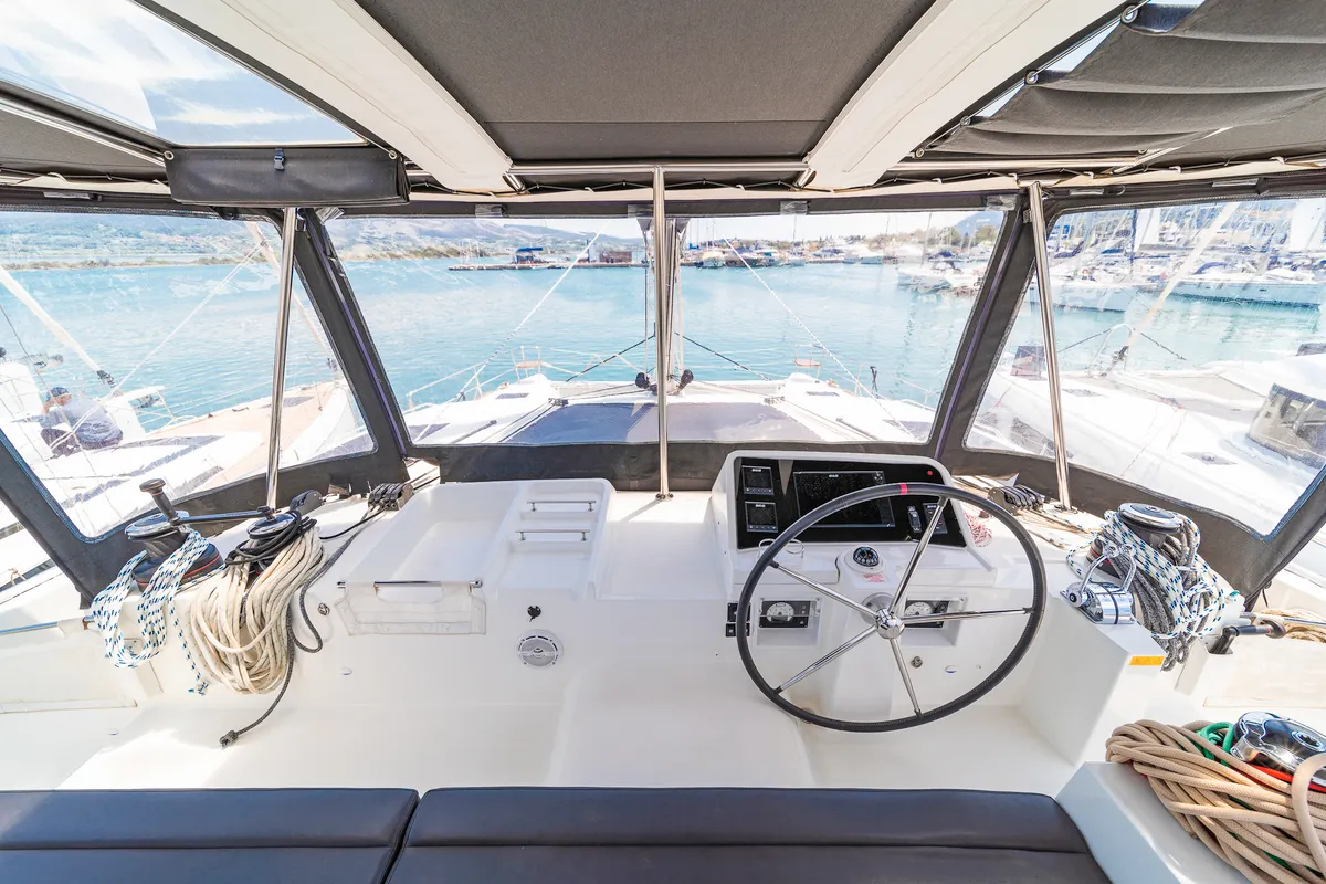 Cockpit of Kon-Tiki, a Lagoon 450 Fly catamaran at Preveza, Greece