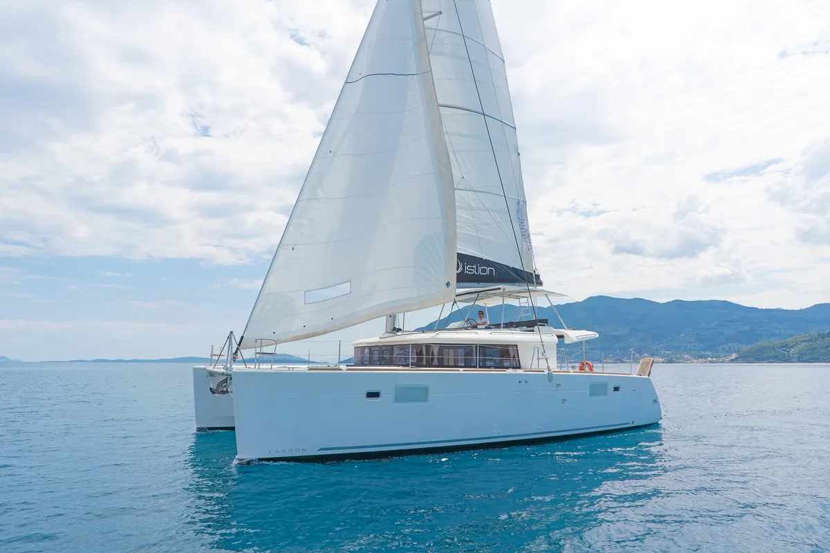 Exterior view of Kon-Tiki, a Lagoon 450 Fly catamaran at Preveza, Greece