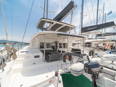 Deck of Kon-Tiki, a Lagoon 450 Fly catamaran at Preveza, Greece