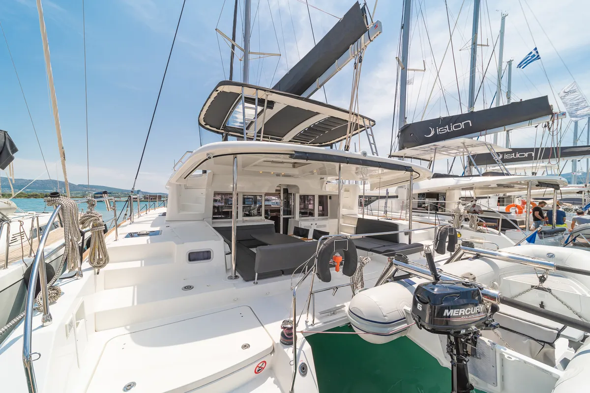 Deck of Kon-Tiki, a Lagoon 450 Fly catamaran at Preveza, Greece