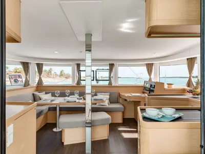Salon of Ayza, a Lagoon 42 catamaran at Marmaris, Turkey