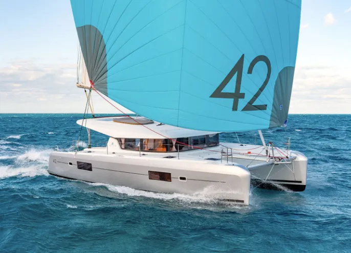 Exterior view of Ayza, a Lagoon 42 catamaran at Marmaris, Turkey
