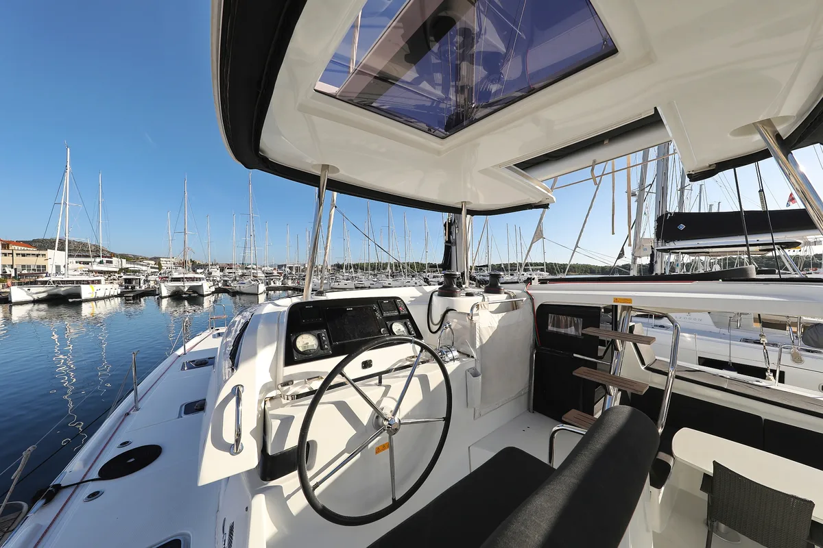 Cockpit of Sapphire, a Lagoon 42 catamaran at Grad Vodice, Croatia