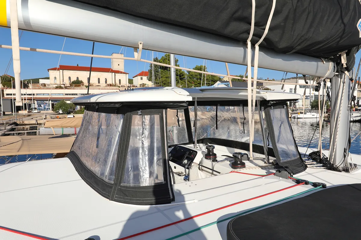 Cockpit of Sapphire, a Lagoon 42 catamaran at Grad Vodice, Croatia