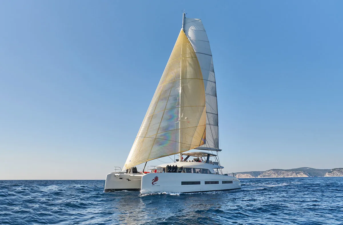 Exterior view of Adriatic Dragon, a Lagoon 77 catamaran at Split, Croatia