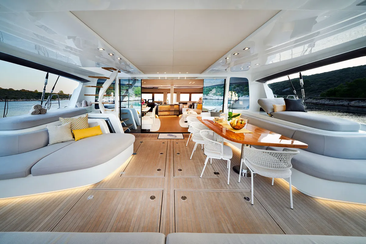 Deck of Adriatic Dragon, a Lagoon 77 catamaran at Split, Croatia