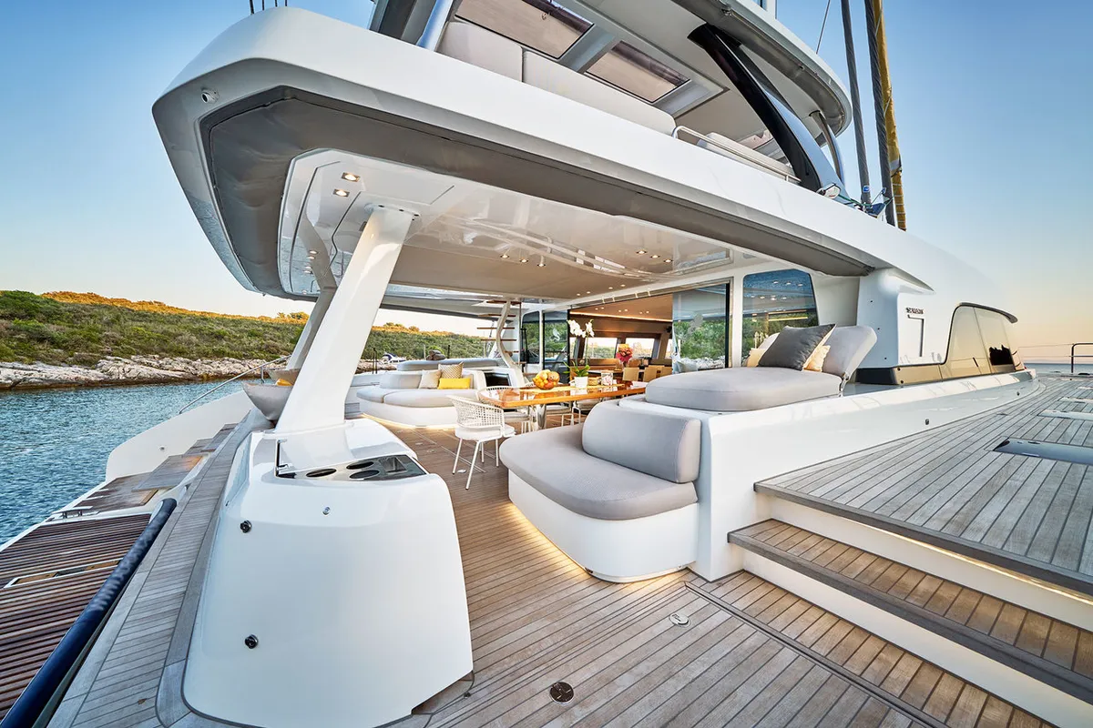 Deck of Adriatic Dragon, a Lagoon 77 catamaran at Split, Croatia