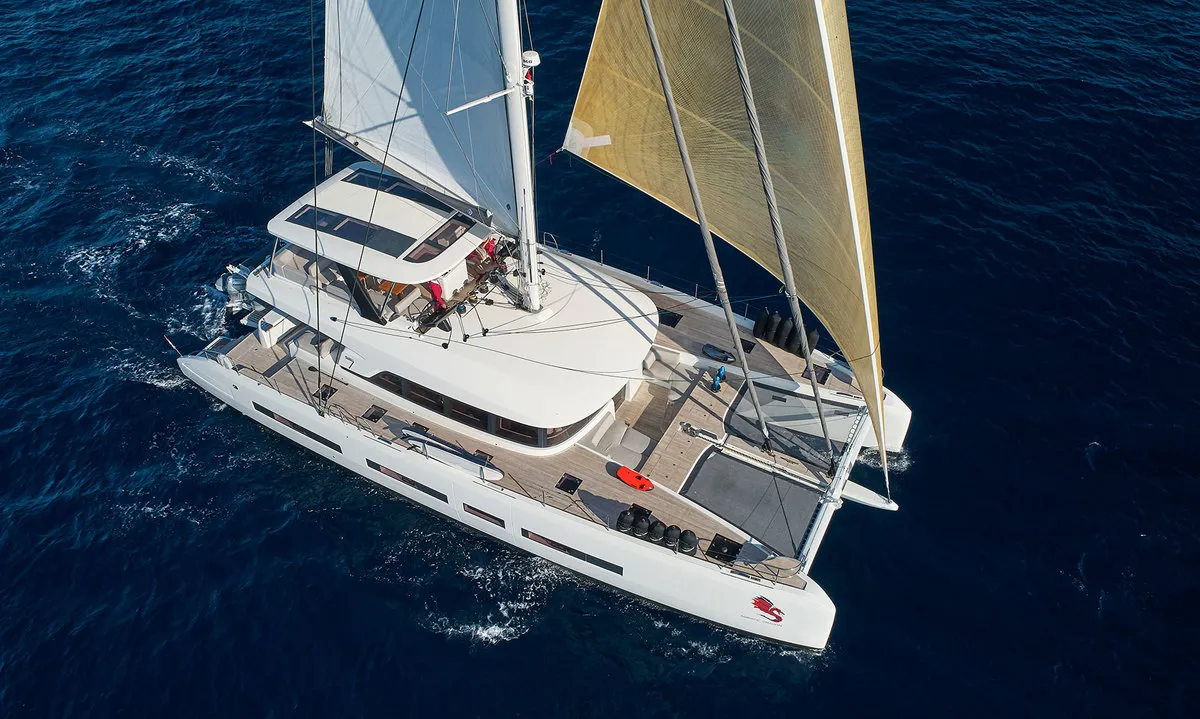 Exterior view of Adriatic Dragon, a Lagoon 77 catamaran at Split, Croatia