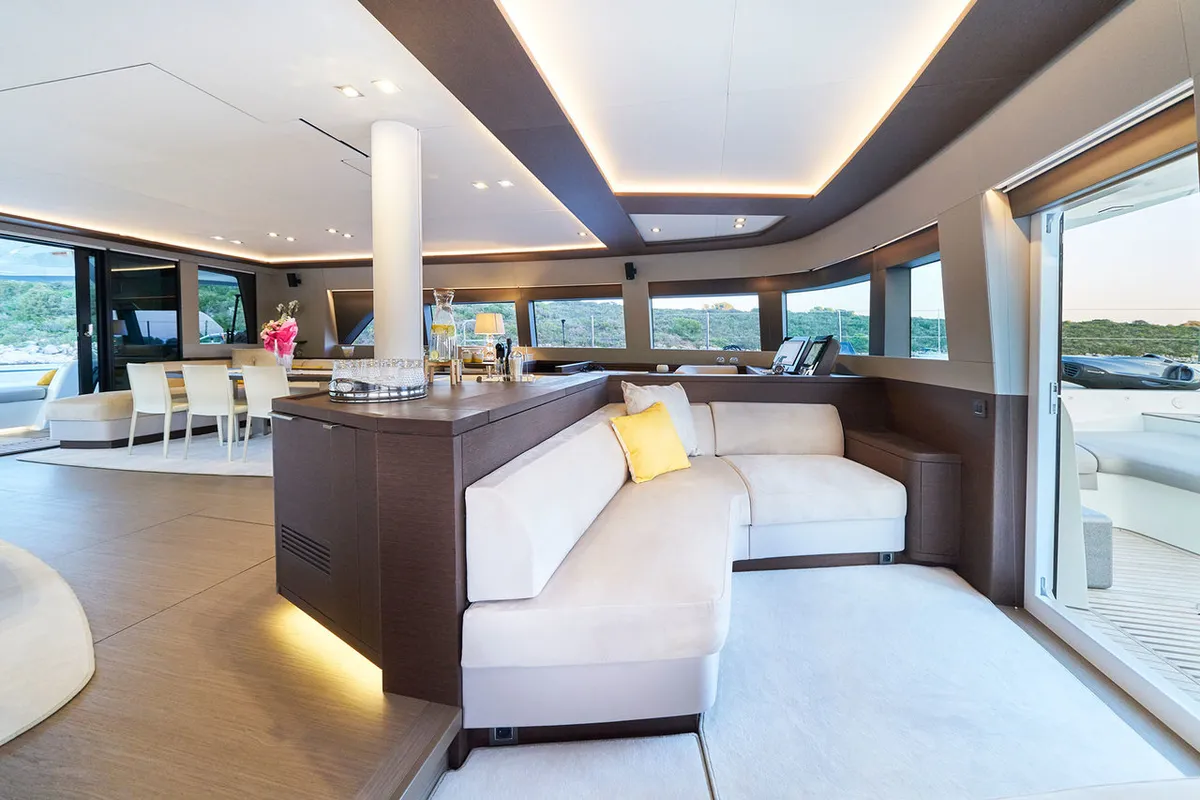 Salon of Adriatic Dragon, a Lagoon 77 catamaran at Split, Croatia