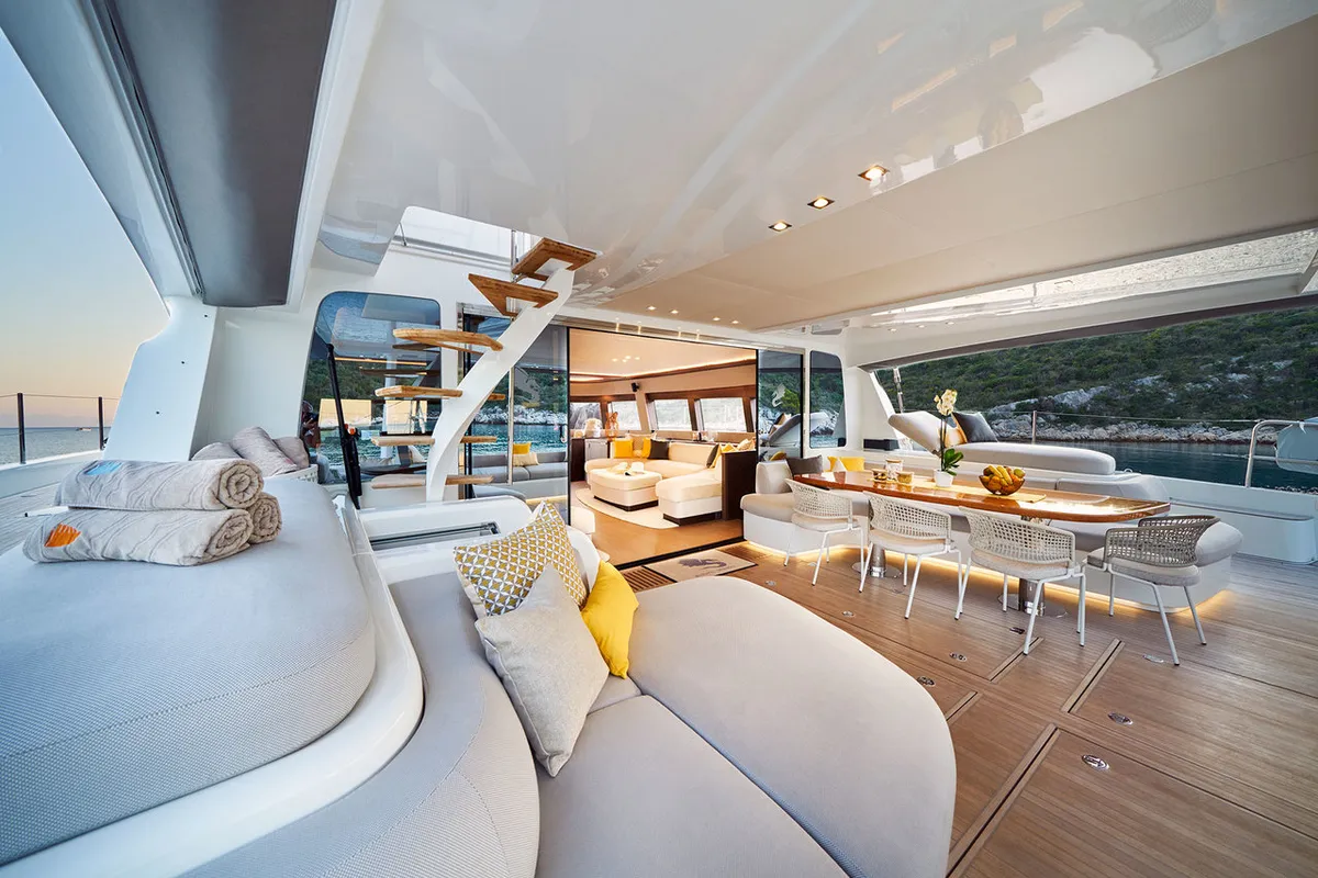 Deck of Adriatic Dragon, a Lagoon 77 catamaran at Split, Croatia