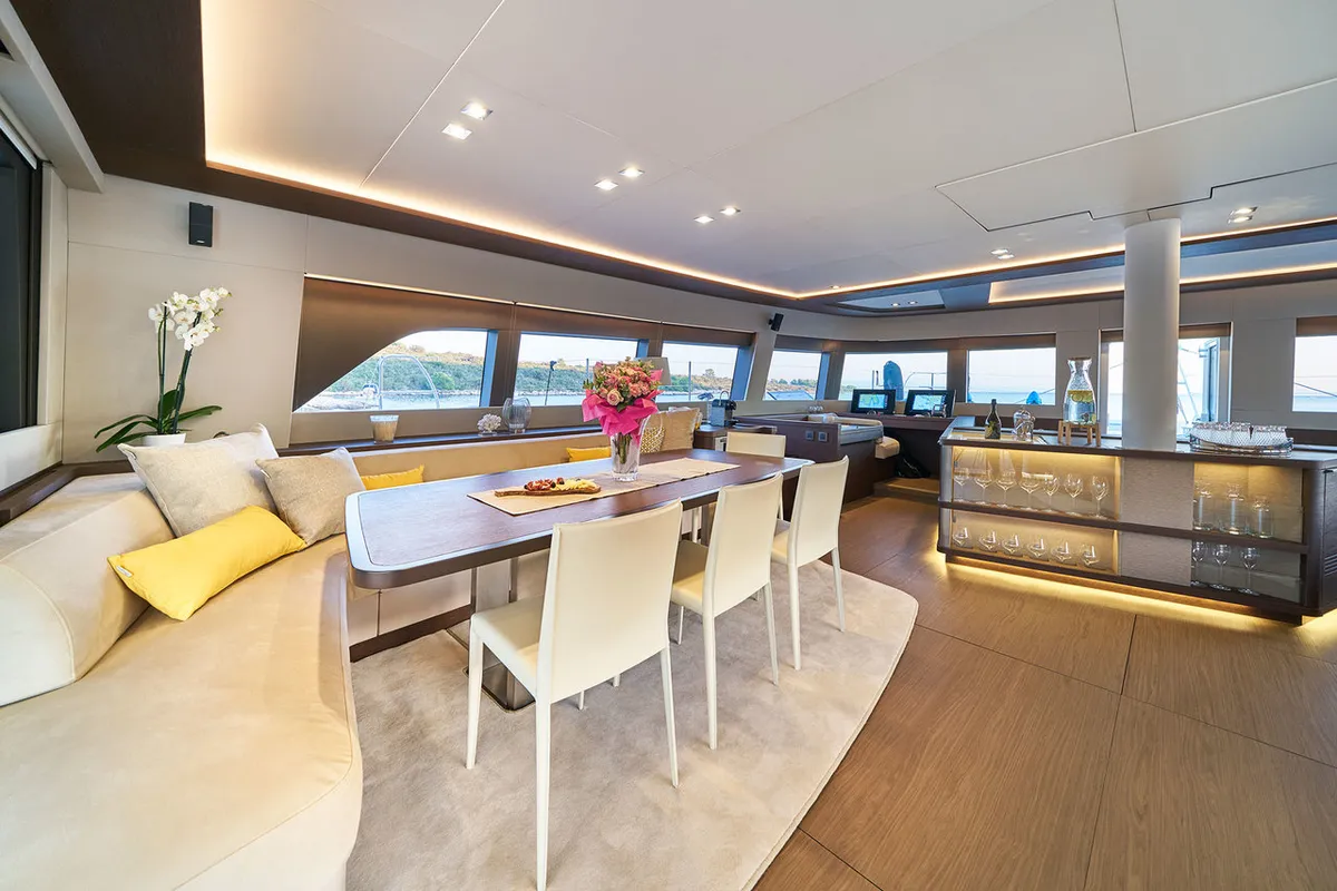 Salon of Adriatic Dragon, a Lagoon 77 catamaran at Split, Croatia