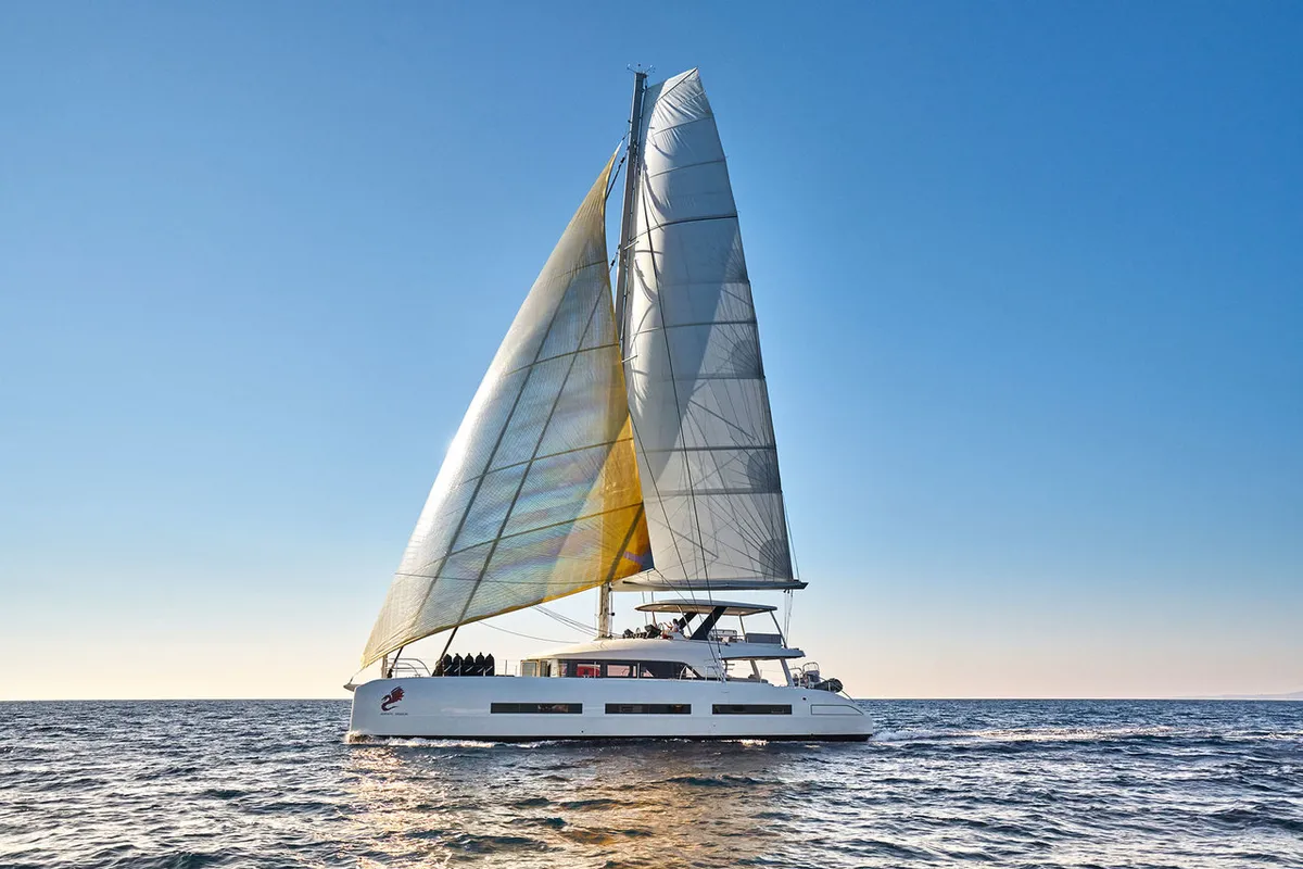 Exterior view of Adriatic Dragon, a Lagoon 77 catamaran at Split, Croatia