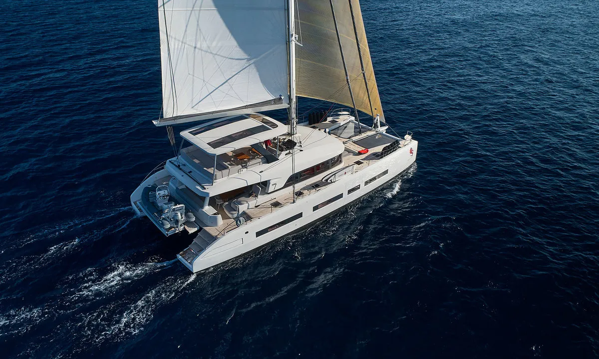 Exterior view of Adriatic Dragon, a Lagoon 77 catamaran at Split, Croatia