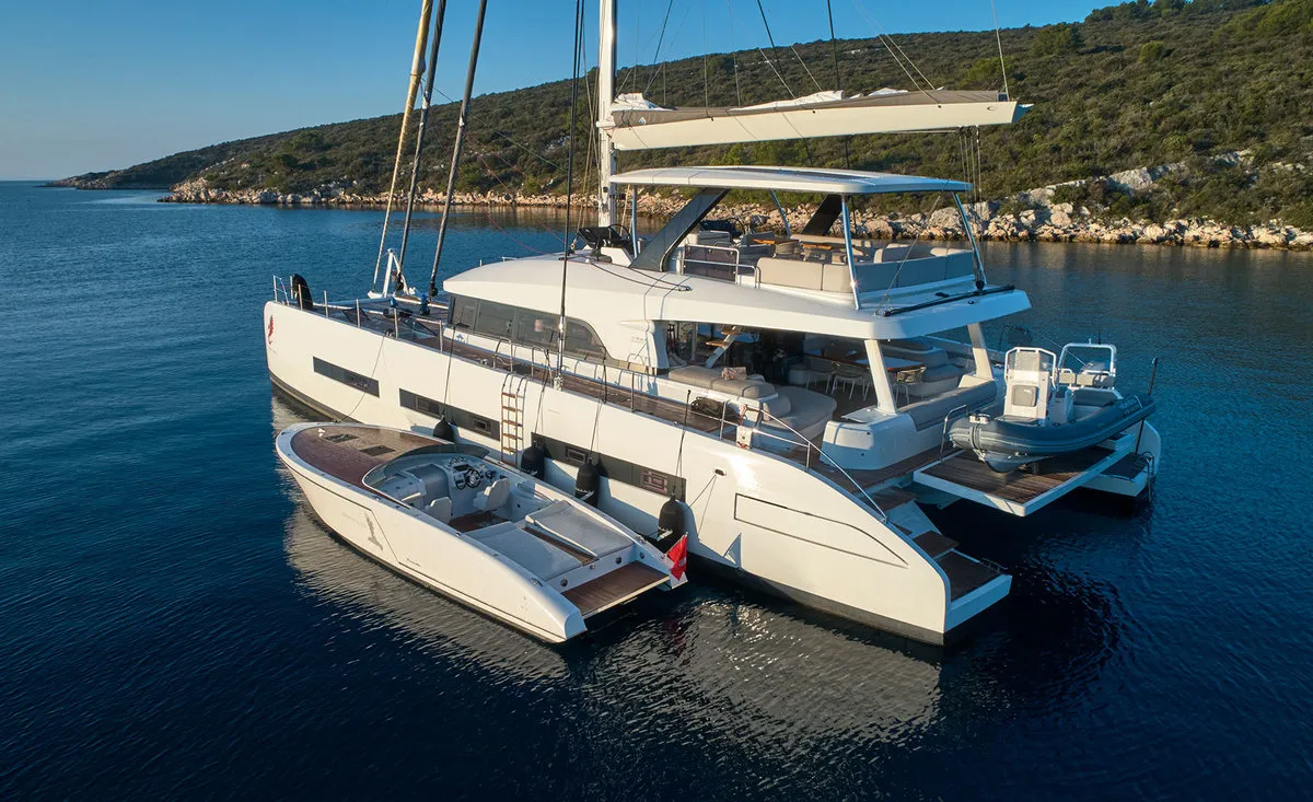 Exterior view of Adriatic Dragon, a Lagoon 77 catamaran at Split, Croatia
