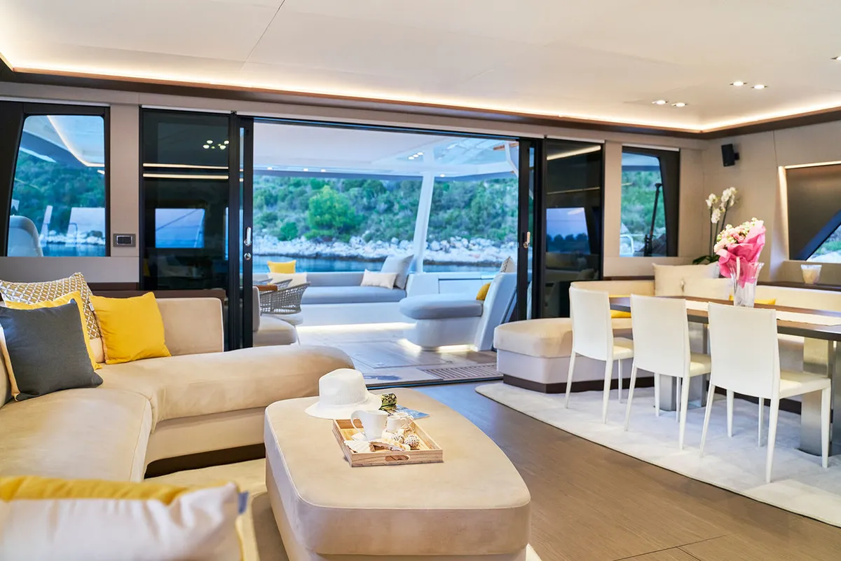Salon of Adriatic Dragon, a Lagoon 77 catamaran at Split, Croatia