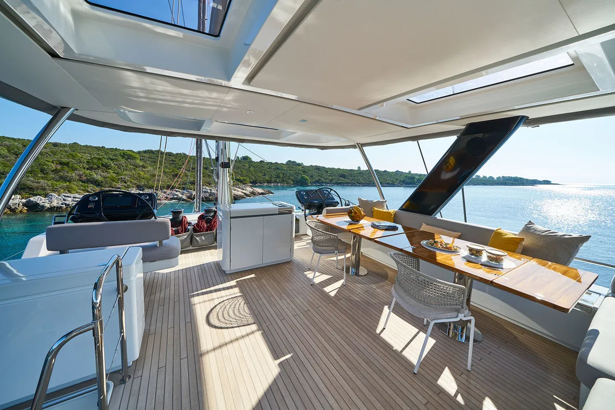 Deck of Adriatic Dragon, a Lagoon 77 catamaran at Split, Croatia