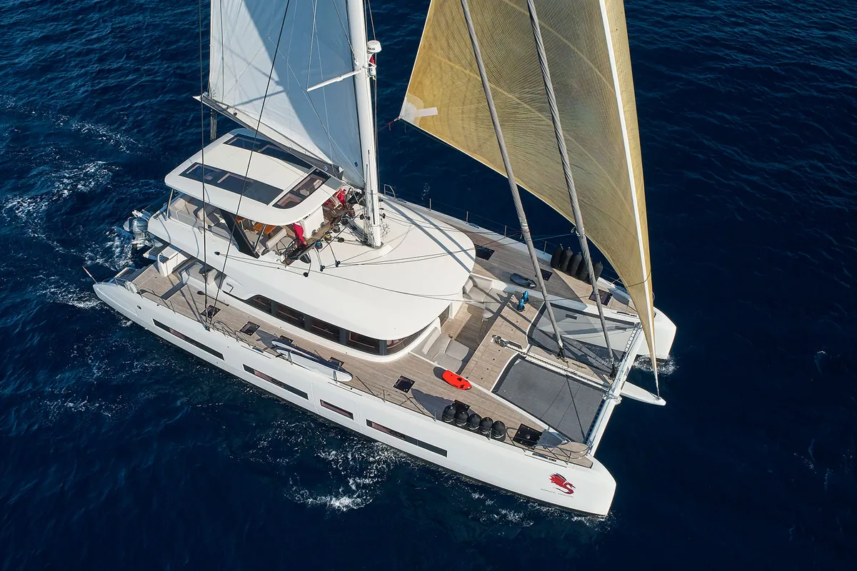 Exterior view of Adriatic Dragon, a Lagoon 77 catamaran at Split, Croatia