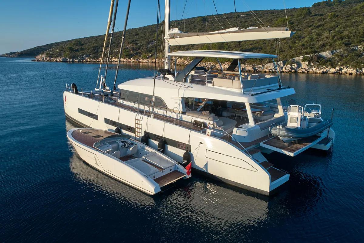 Exterior view of Adriatic Dragon, a Lagoon 77 catamaran at Split, Croatia
