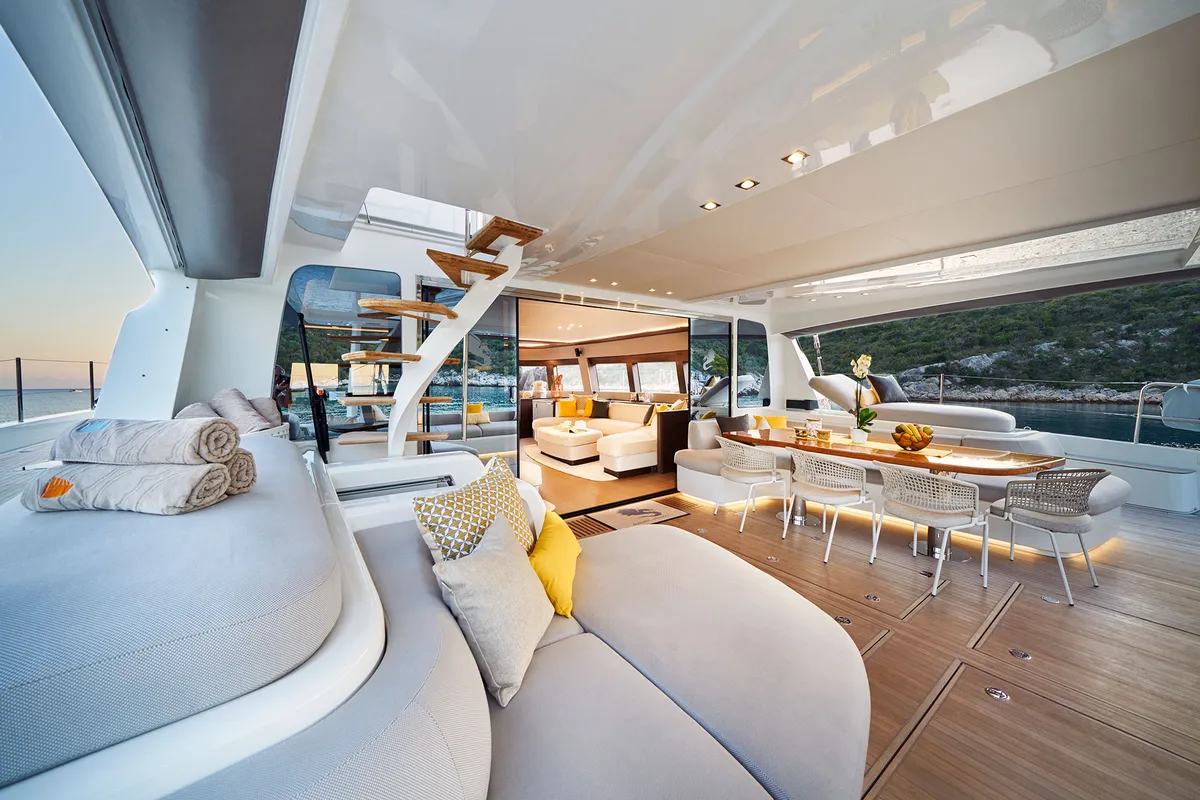 Deck of Adriatic Dragon, a Lagoon 77 catamaran at Split, Croatia